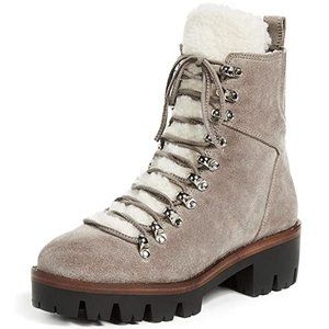 Jeffrey Campbell Culvert Sherpa Combat Boots Taupe Suede Fur Lined Moto Bootie